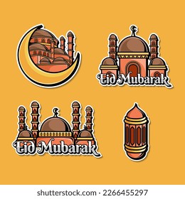Collection of stickers and logos for Eid Mubarak celebration. Mosque badge, lantern design