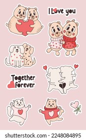 Collection stickers love animals. Cute couple bears, dogs and cats with romantic slogan. Vector isolated funny animals for design, decor, printing, greeting cards, valentines.