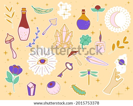 Collection of stickers with magic items. Feathers, plants, eyes, stars, poison bottles, mushrooms, candle, insects, etc. Vector illustration