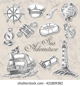 Collection of stickers with maritime subjects in sketch style