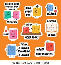 Collection of stickers with motivation inspirational quotes about books, reading, learning. Books lover, reading books, readers concept. Motivation of reading for kids, children.