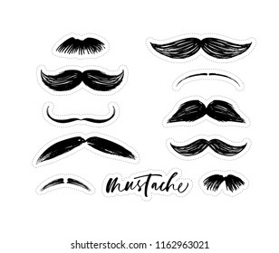 Collection of stickers with mustaches. Hand drawn style. Funny mustache. Collection of cartoon barber silhouette hairstyle . 