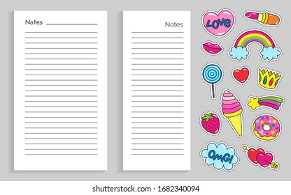 Collection of stickers and notebook pages with lines and copy space. Isolated patches with rainbow and clouds, lipstick and hearts. Crown and ice cream icons set. Vector in flat style illustration