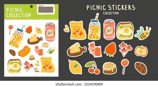 Collection of stickers on a picnic theme. various fruits, berries, cheese, carbonated drink, chips, playing cards, bee, sandwich and other bright elements on an isolated background and a stickerpack