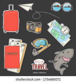 Collection of stickers on the theme of summer travel, recreation and adventure. A suitcase on wheels, documents, a camera, a diving mask, and a map. Hand-drawn.