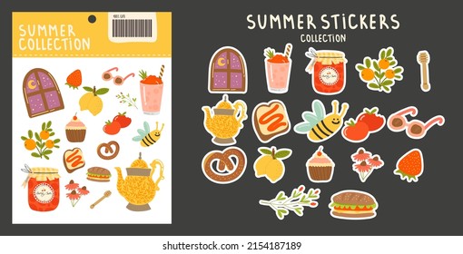 Collection of stickers on the theme of summer. various fruits, berries, a cup, a drink, a bee, a sandwich and other bright elements on an isolated background and a set of stickers