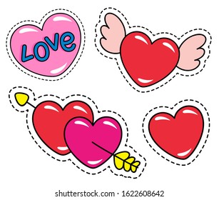 Collection of stickers or patches, isolated set of hearts with wings and arrows. St Valentines day decoration and greeting. pack with cutouts and modern design. Emoticons for holidays vector