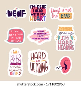 Collection of stickers with phrases for hearing impaired people.