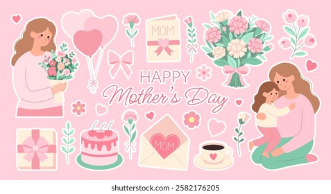 A collection of stickers with a pink background that says Happy Mother's Day. The stickers include a woman holding a bouquet of flowers, a cake, a vase, a balloon, a cup, and a child