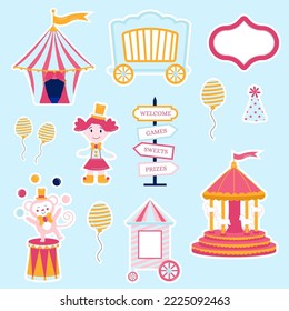 Collection of stickers pink circus. Tent, monkey, doll, carousel, cap, ball, pointer