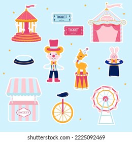 Collection of stickers pink circus. Tent, toy, carousel, tickets