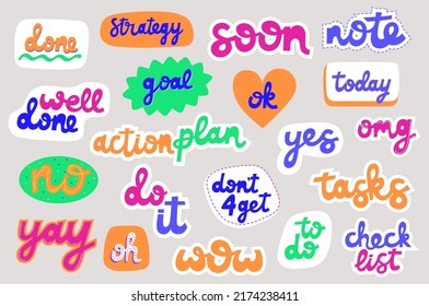 Collection of stickers for planner, diary, to do list, check lists. Cute phrases for organizing day to day life. Vector elements for scrapbooking and decoration.