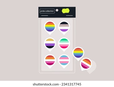 A collection of stickers for Pride month featuring LGBTQ+ flags transformed into map pins