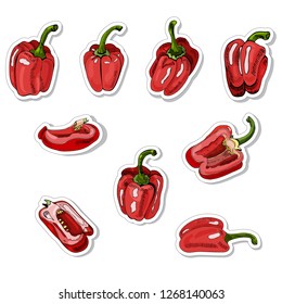 Collection of stickers of red  hand drawn sweet peppers. Ink and colored sketch  on white  background. Whole and sliced objects. Vector illustration.