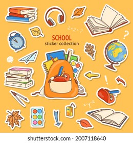 Collection of stickers with school supplies and stationery. Backpack, books, alarm clock and autumn leaves. Colorful vector illustration. The style of doodles.