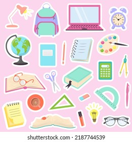 Collection of stickers with school supplies and stationery. Scrapbooking elements. School and education concept. Fashion patch badges. 