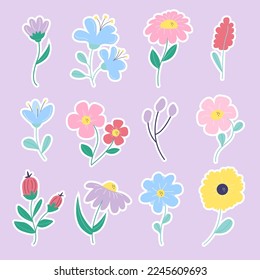 Collection of stickers of spring, summer flowers. Vector