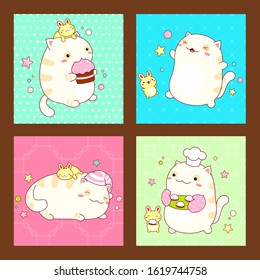 Coleção de adesivos ou cartões quadrados com amigos bonitos. Gato e coelho no estilo kawaii em diferentes situações comer, dormir, correr, jogar. EPS8