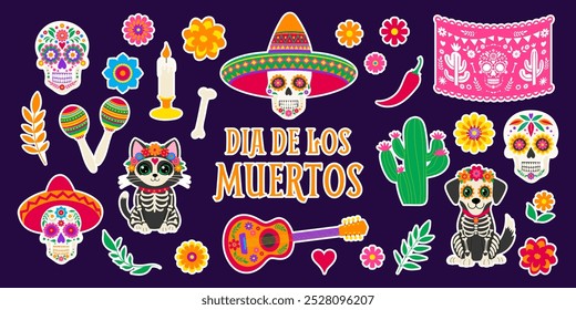 Una colección de pegatinas con la temática del Día de los Muertos. Las pegatinas incluyen calaveras, esqueletos, flores y otras decoraciones