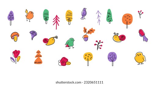 Collection of stickers, trees, mushrooms, snail, flower. Forest plants icons. Flat modern illustration for sticker printing, clothing, fabric, wallpaper. Hand draw vector illustration