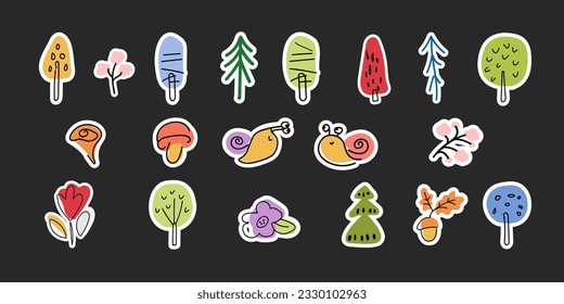 Colección de pegatinas, árboles, setas, caracoles, flores. Iconos de plantas forestales. Ilustración moderna plana para la impresión de etiquetas, ropa, tela, papel pintado. Ilustración vectorial de tracción manual