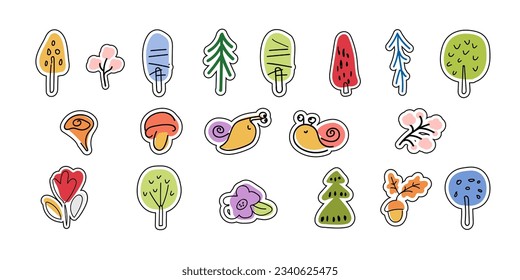 Collection of stickers, trees, mushrooms, snail, flower. Forest plants icons. Flat modern illustration for sticker printing, clothing, fabric, wallpaper. Hand draw vector illustration