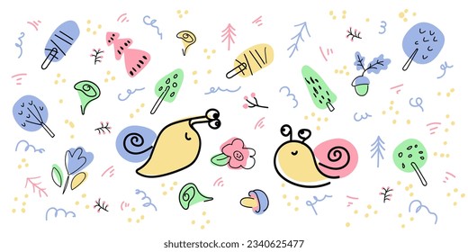 Collection of stickers, trees, mushrooms, snail, flower. Forest plants icons. Flat modern illustration for sticker printing, clothing, fabric, wallpaper. Hand draw vector illustration