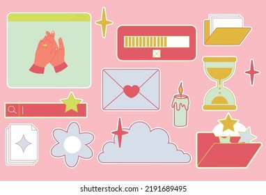 Collection stickers of user retro interface elements. Vaporwave style vector illustration in pastel colors. Retro, trendy, nostalgic style 80s - 90s. Social media posts. Y2k style. Hand drawn objects.