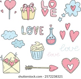 Collection of stickers for Valentine's Day. Decor for valentines, letters and packaging design. Vector stickers with symbols of love: heart, love drink, lettering, gift