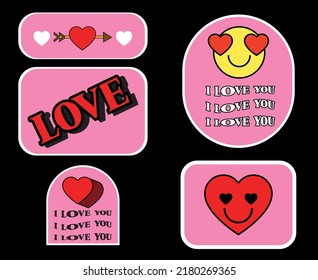 Collection of stickers for valentine's day, different flat style heart emblems.