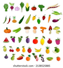 Collection of stickers with vegetables, mushrooms and fruits. Vector illustration. For use in products, food stores, markets, labels, packaging, prints and logos.