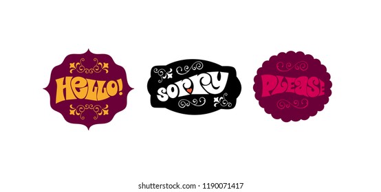 Collection stickers in vintage style - 1. Handwritten lettering - "Hello", "Sorry", "Please".