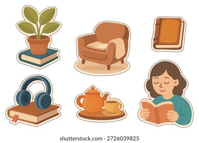 Una colección de pegatinas con bordes blancos con una niña leyendo un libro, una tetera, un sillón y una planta.