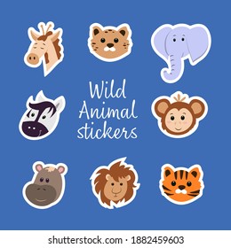 Collection of stickers with wild animals - faces of elephant, giraffe, cheetah, zebra, monkey, hippo, lion and tiger. Safari and Jungle. Cute vector characters in cartoon style, flat design.