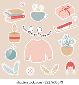 Collection of stickers of winter elements. The style of hygge. 