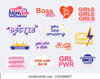 Collection of stickers with woman slogans. Feminism. Girl power.