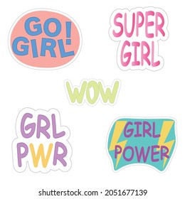 Collection of stickers with woman slogans. Feminism. Girl power.