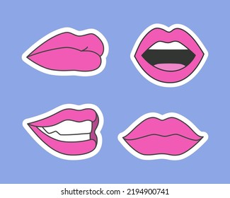 Collection of stickers with women's lips. Vector illustration in the style of the 90s.