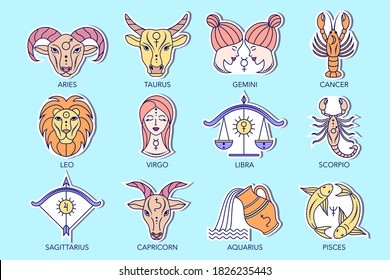 Collection of stickers with zodiac signs on blue background. Line art icons.