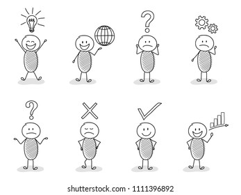Collection of stickmen with different facial expressions and business icons. Vector.