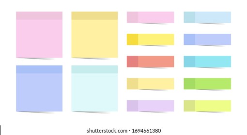 Collection sticky colored notes. Different post note paper. Stickers tapes with shadow template. Vector illustration.