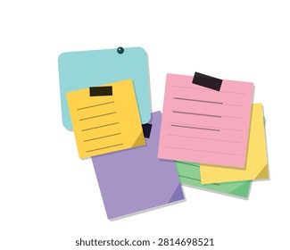 Collection of sticky notes featuring tape and pins on soft background. Suitable for office or classroom projects.