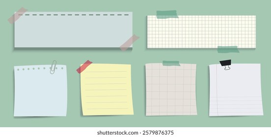 Collection of sticky notes and paper sheets on a green background. Includes lined, grid, and plain designs, secured with tape and clips. Cute memo vector illustration set.