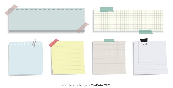 Collection of sticky notes and paper sheets. Sticky notes with tape, paper sheets with clips. Sticky notes and paper sheets for reminders and notes. Cute memo vector illustration set.