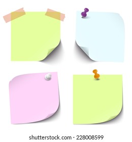 collection of sticky papers with pin needle, adhesive tape