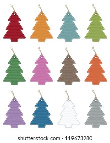 collection of stitched christmas tree tags, twelve variations