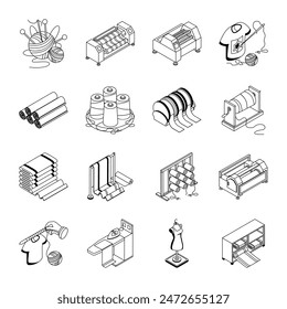 Collection of Stitching and Textile Equipment Isometric Icons 

