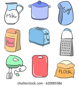 Collection stock kitchen set colorful doodles