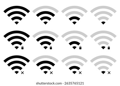 Coleção de imagens vetoriais de stock que retratam símbolos e ícones relacionados com a conectividade Wi-Fi sem fios, conjunto de ícones Wifi. ícone de vetor de sinal. Vetor de ícone sem fio. Ícone de vetor de WiFi definido em preto e azul. 