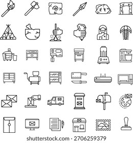 Collection of Stone Age Tools and Modern Kitchen and Communication Equipment Outline.